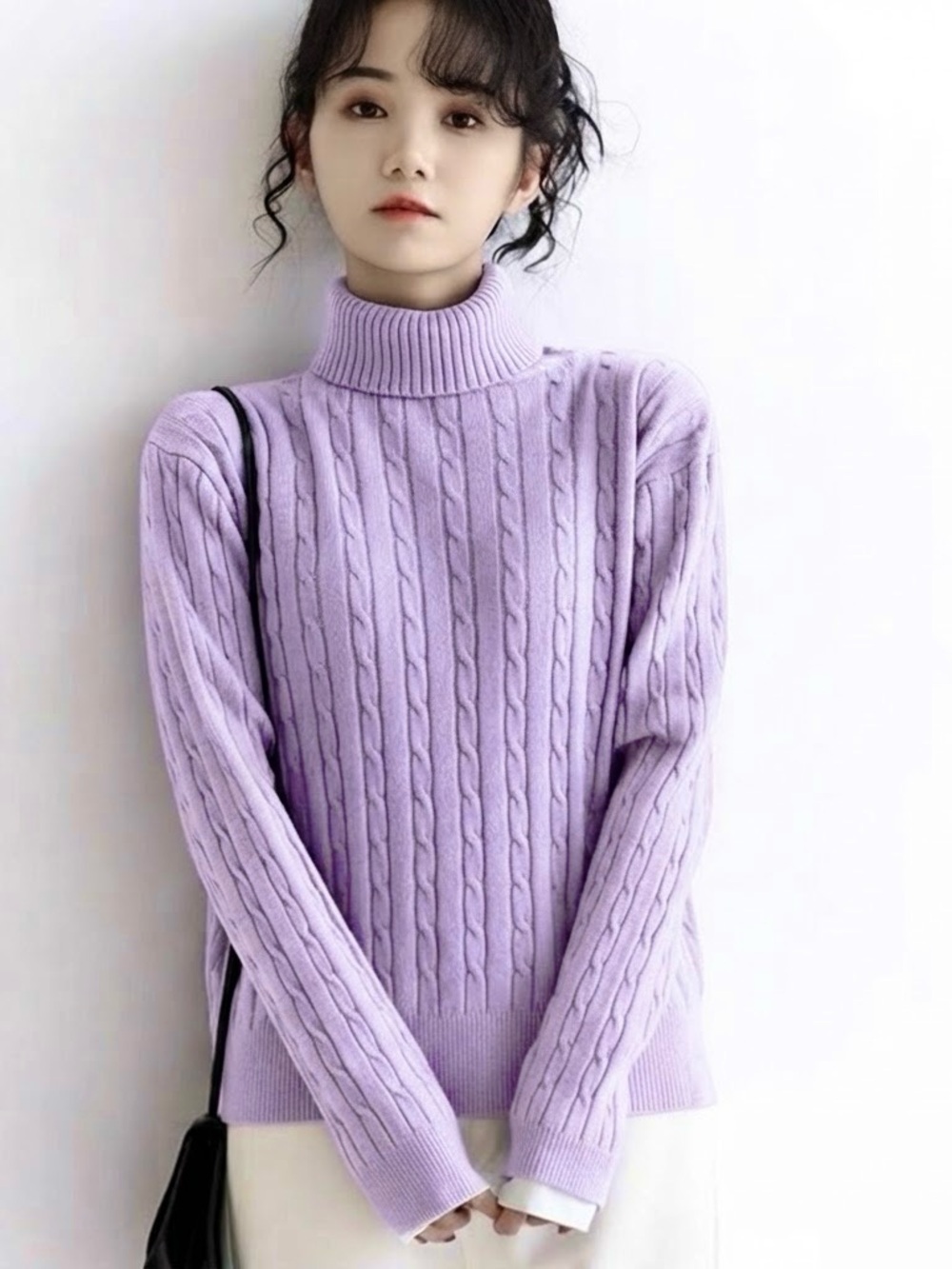 NEW Purple Cable Knit Twist Long Sleeve Turtleneck Pullover